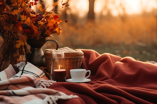 Pique-nique d'automne confortable en plein air avec des couvertures et chaud