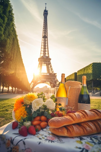 Pique-nique avec des baguettes de vin français et des fleurs avec l'IA générative de la tour Eiffel