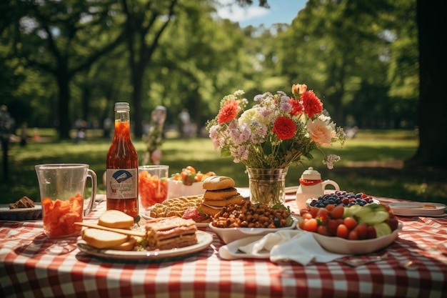 Un pique-nique avec une bouteille de bière et une assiette de nourriture.