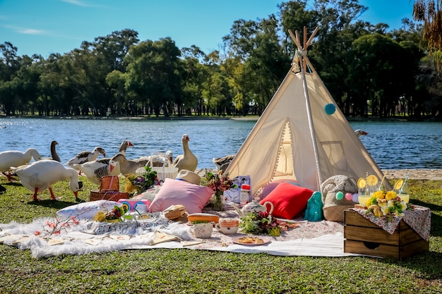 Pique-nique en couverture et tente dans le parc avec le lac.