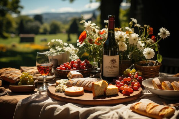 Pique-nique dans la colline fromage vin et rires IA génératifs