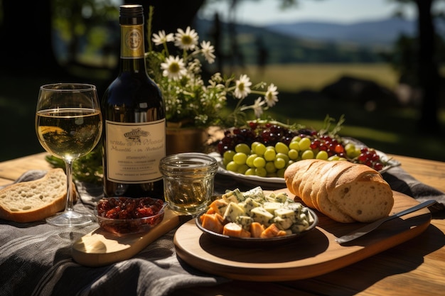 Pique-nique dans la colline fromage vin et rires IA génératifs