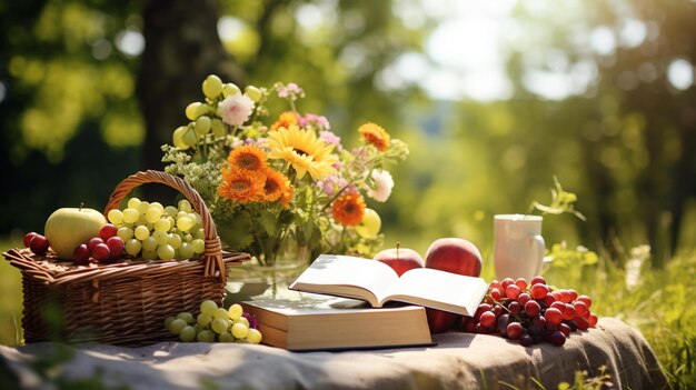 pique-nique dans le jardin avec un panier de raisins, de pommes et de fleurs.