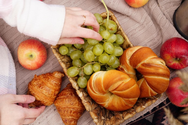 Pique-nique dans la nature avec du thé chaud et des petits pains