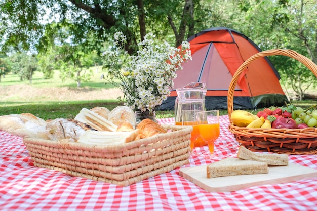 Pique-nique Déjeuner Repas Parc en plein air avec de la nourriture dans le concept de camping de fond de nature.