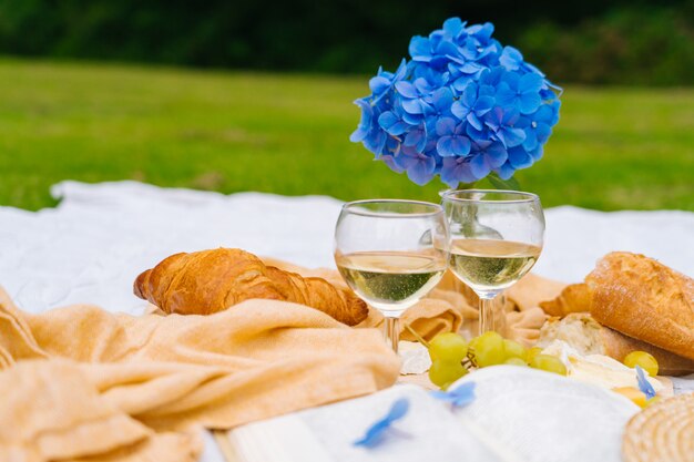 Pique-nique d'été aux beaux jours avec pain, fruits, bouquet de fleurs d'hortensia, verres de vin, chapeau de paille, livre et ukulélé