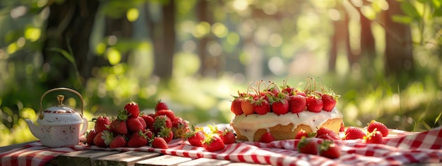 pique-nique d'été avec gâteau aux fraises