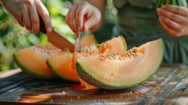 Pique-nique d'été avec les mains tranchant du melon à l'huile pour un régal rafraîchissant