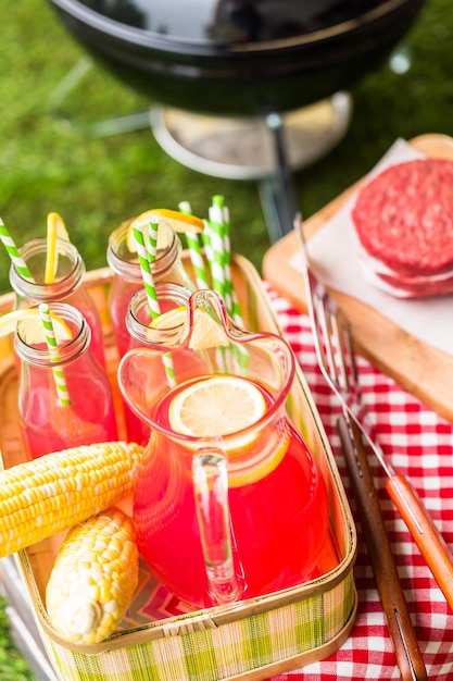 Pique-nique d'été avec petit barbecue au charbon dans le parc.