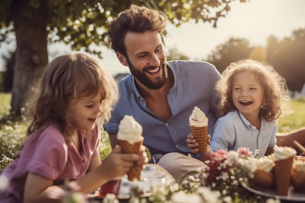 Pique-nique familial avec cornets de glace et sourires