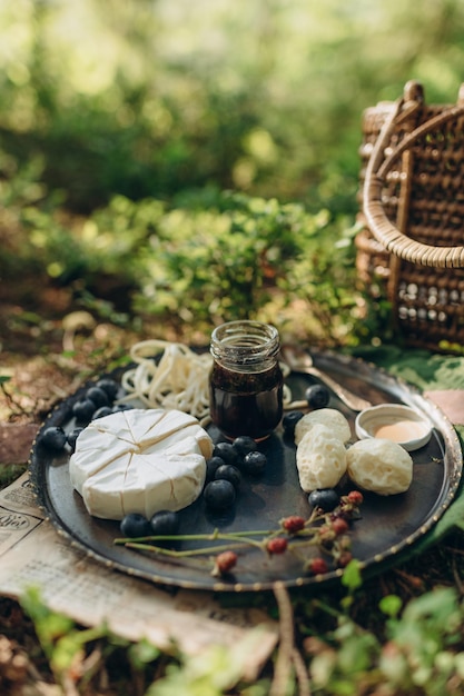 pique-nique en forêt sur fond de buissons de mousse et de bleuets, de fromage et de baies sur une plaque de métal