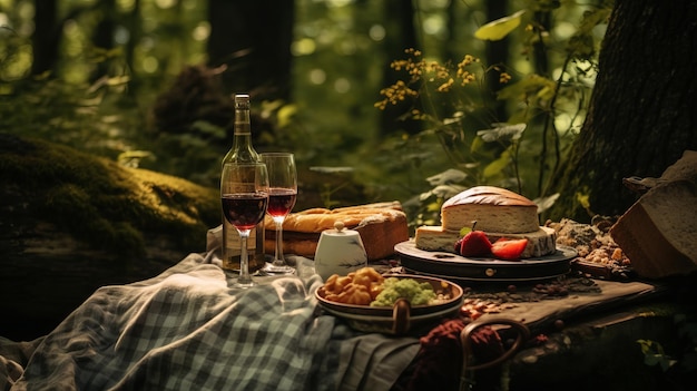 pique-nique en forêt avec vin et pain