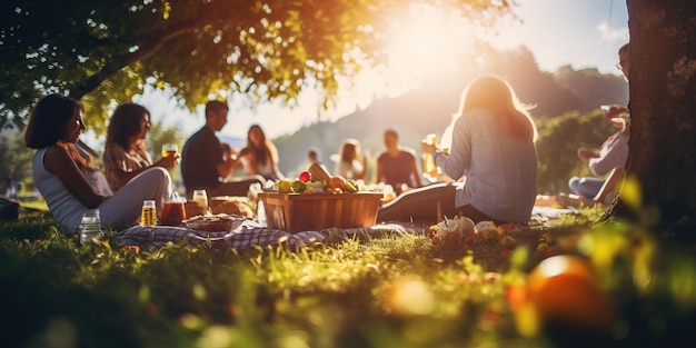 Pique-nique avec des gens de nourriture savoureuse Bokeh Sun Flare