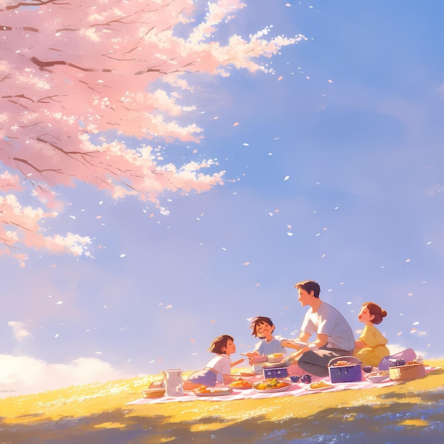 Un pique-nique heureux en famille sous les fleurs de cerisier