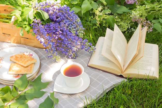 Photo pique-nique avec livre de cuisson de thé sur un plaid dans un parc sur un concept de vacances voyage herbe verte