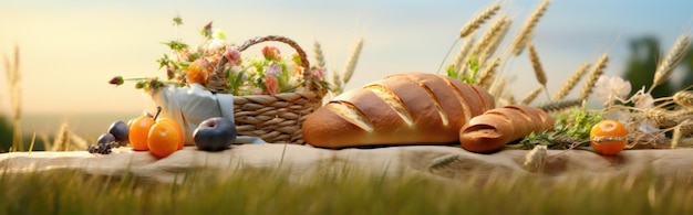 Un pique-nique de pain et de fruits rustiques