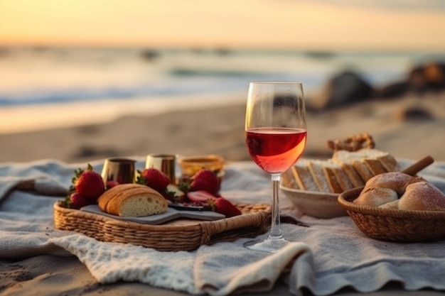 Pique-nique sur la plage au coucher du soleil avec un verre de vin rouge