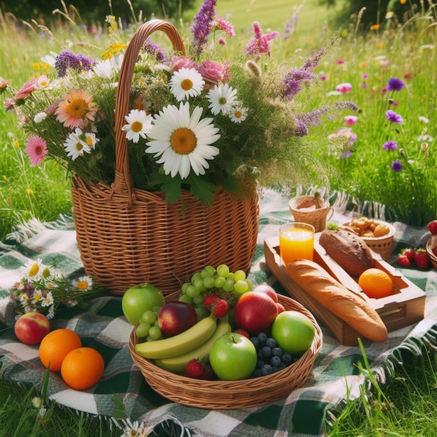 pique-nique sur une prairie verte avec un panier de fruits et de fleurs