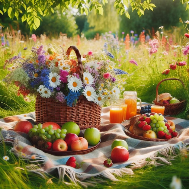 Un pique-nique sur une prairie verte avec un panier de fruits et de fleurs