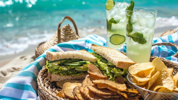 Un pique-nique relaxant sur la plage avec des sandwichs au concombre croustillant, des frites croustillantes et du concombre rafraîchissant.