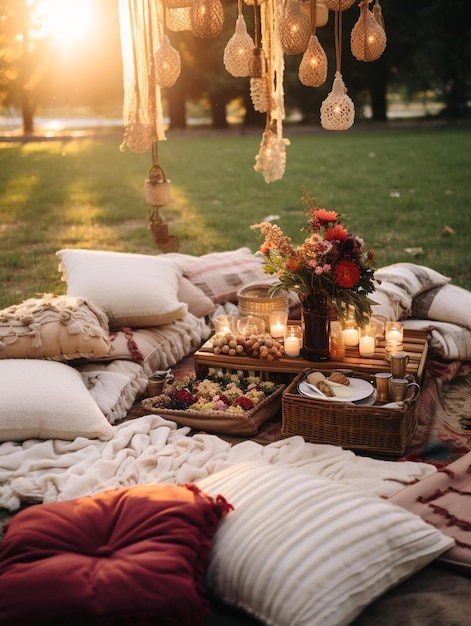 un pique-nique romantique avec des fleurs et des bougies