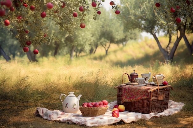 Un pique-nique sous un pommier avec un panier de pommes dessus.