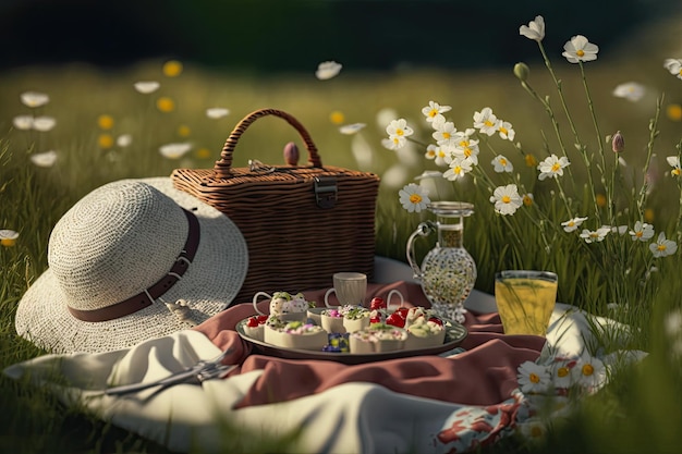 Pique-nique de vacances en plein air sur de l'herbe douce et hirsute dans un pré de fleurs au printemps créé avec une IA générative