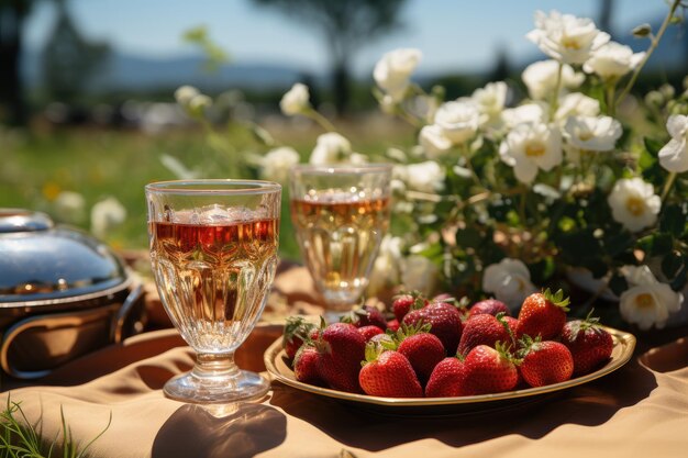 Pique-niquez sur le terrain avec des fraises fraîches pétillantes et des amis célébrant l'IA générative