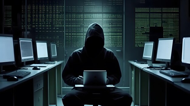 Pirate anonyme Concept de cyberattaque de cybercriminalité sur le Web sombre, etc. Image générée par l'IA
