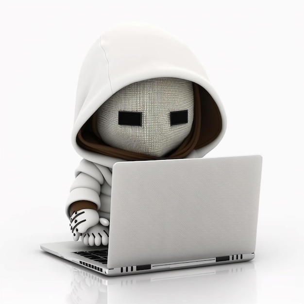 Pirate anonyme mignon avec sweat à capuche blanc tapant ordinateur portable Concept de piratage éthique Cybersécurité Cybercriminalité Cyberattaque