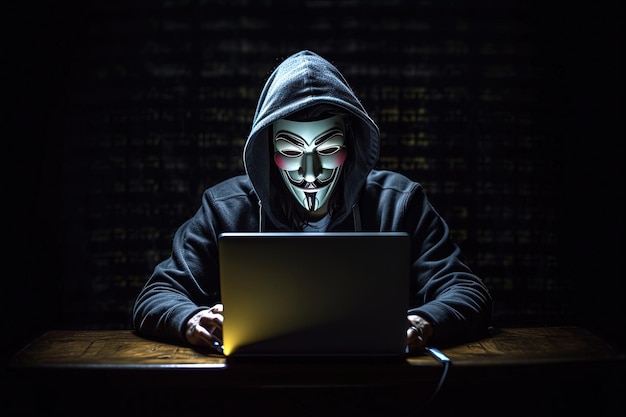 Pirate anonyme tapant sur un ordinateur portable Piratage du système informatique Cybercriminalité Cybersécurité