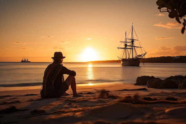 Pirate assis sur la plage au coucher du soleil avec vue sur voilier au loin