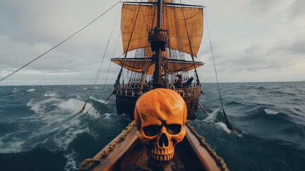 Photo pirate de citrouille sur un pont de direction de navire naviguant à travers l'océan ai génératif