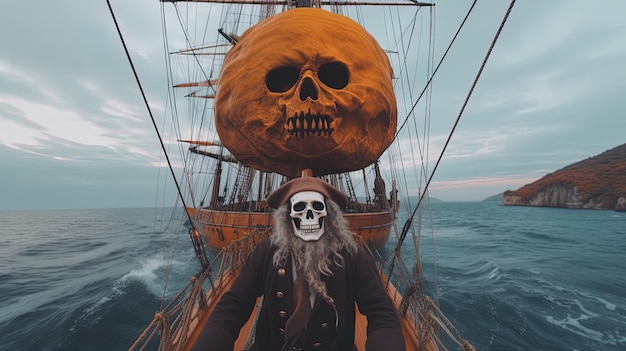 Pirate de citrouille sur un pont de direction de navire naviguant à travers l'océan ai génératif