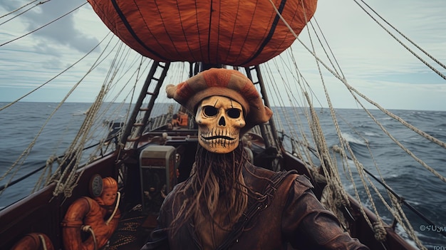 Photo pirate de citrouille sur un pont de direction de navire naviguant à travers l'océan ai génératif