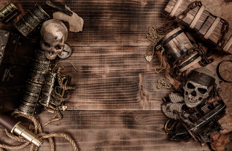 Pirate avec crâne humain. Coffre au trésor et or. Équipement de découverte et explorateur pour disparaître la fortune.