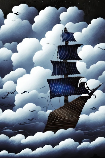 Pirate dans un navire qui navigue dans le ciel sombre de la mer est bleu foncé et les nuages et les orages arrivent