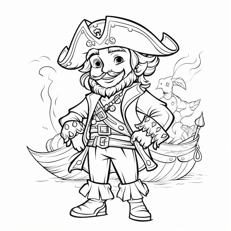 Photo un pirate de dessin animé avec un chapeau et une épée debout devant un navire ai génératif