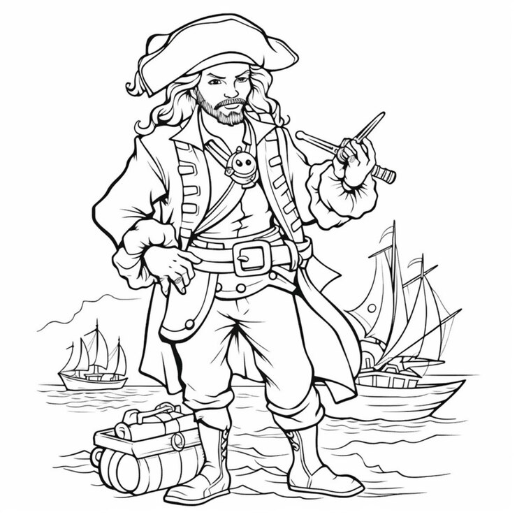 Photo un pirate de dessins animés avec une arme à feu et un coffre d'argent