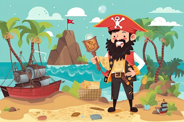 Pirate entouré de trésors et de carte sur l'île paradisiaque