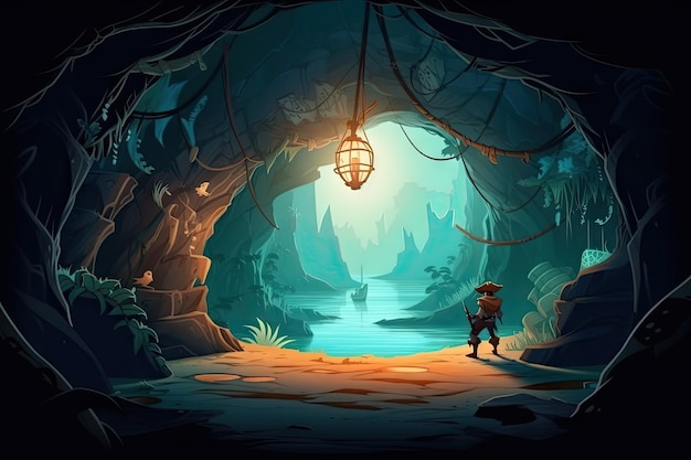 Pirate explorant une caverne cachée avec vue sur une grotte sous-marine rougeoyante