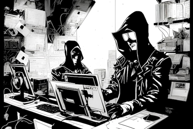 Le pirate informatique de la cybercriminalité, silhouetté et déguisé, s'introduisant dans le système du serveur informatique