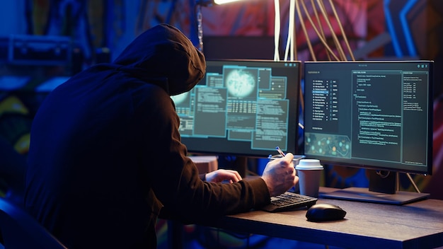 Un pirate informatique dans un entrepôt abandonné en train de parler au téléphone avec son partenaire.