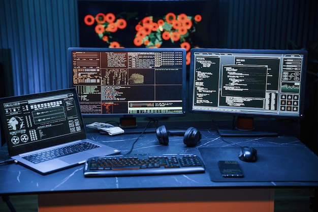 Un pirate informatique dans une pièce noire pour une attaque massive des serveurs de données d'entreprise.