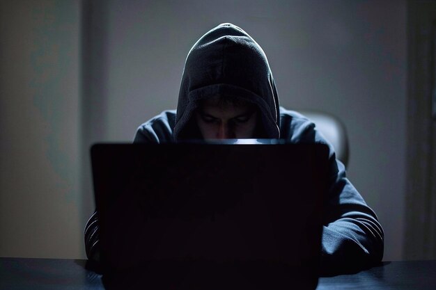 Un pirate informatique volant des données sur un ordinateur portable