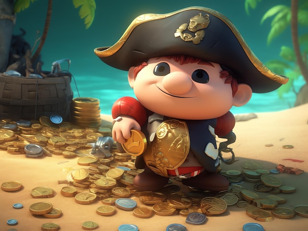 Un pirate avec une pièce de monnaie à la main se tient sur une plage.