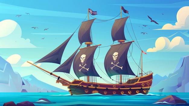 Photo pirate ship with black flag and jolly roger atop sails filibusters battleship floating on blue ocean surface cartoon game or book scene from legend of the seas