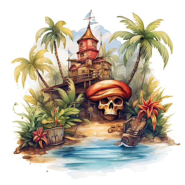 Les pirates, les plantes tropicales et les palmiers, le naufrage, l'aquarelle de la nature, la décoration.