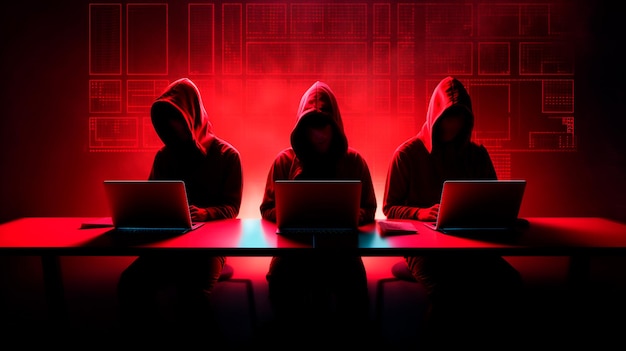 des pirates sans visage dans des ombres rouges utilisant des ordinateurs portables avec des symboles numériques abstraits Illustrateur d'IA générative