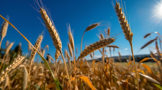 Épis de blé d'or contre le ciel bleu et les nuages Domaine de l'arrière-plan de l'agriculture de blé